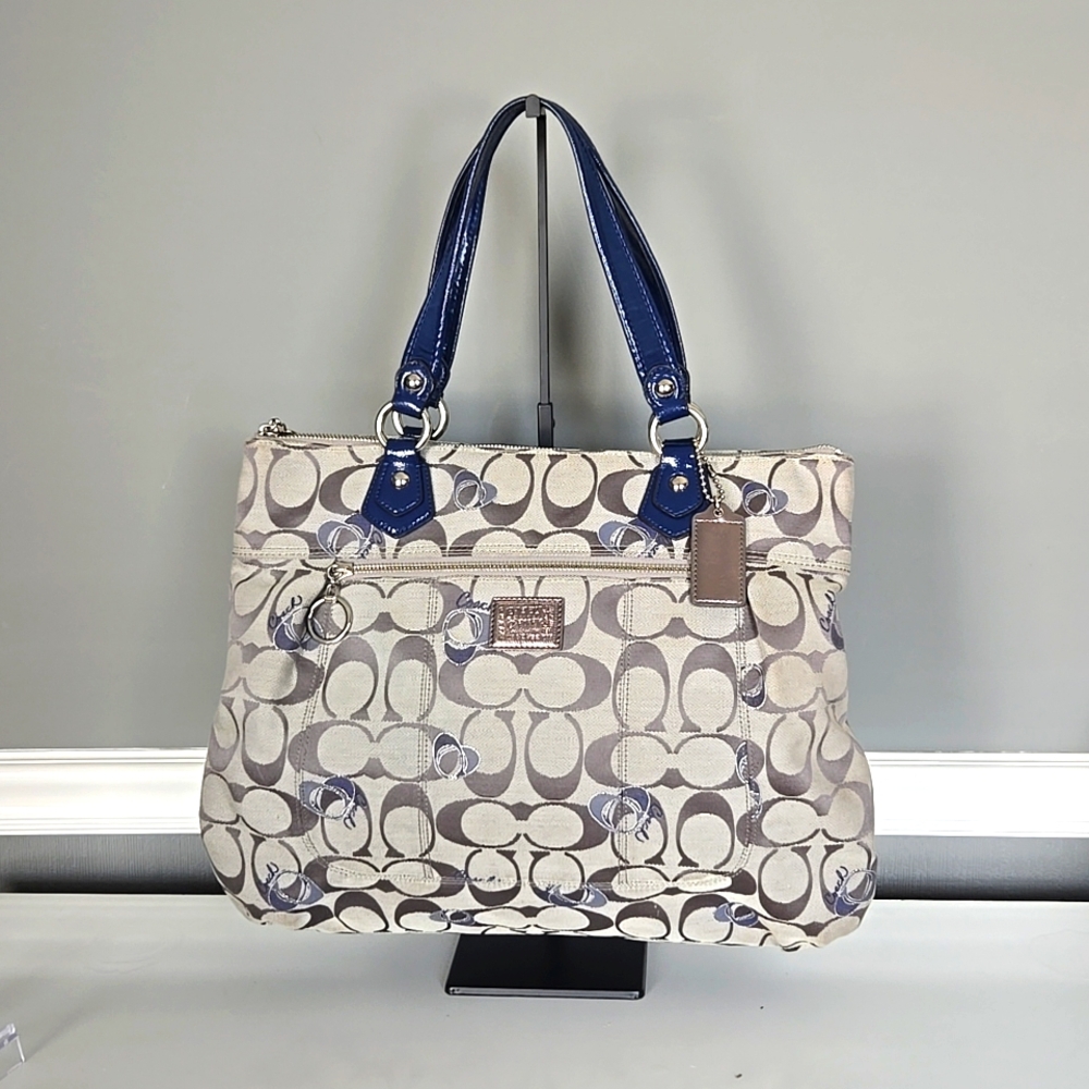 Coach Poppy Grey/Taupe Signature Glam Large Tote Bag With Blue Patent Trim 18711